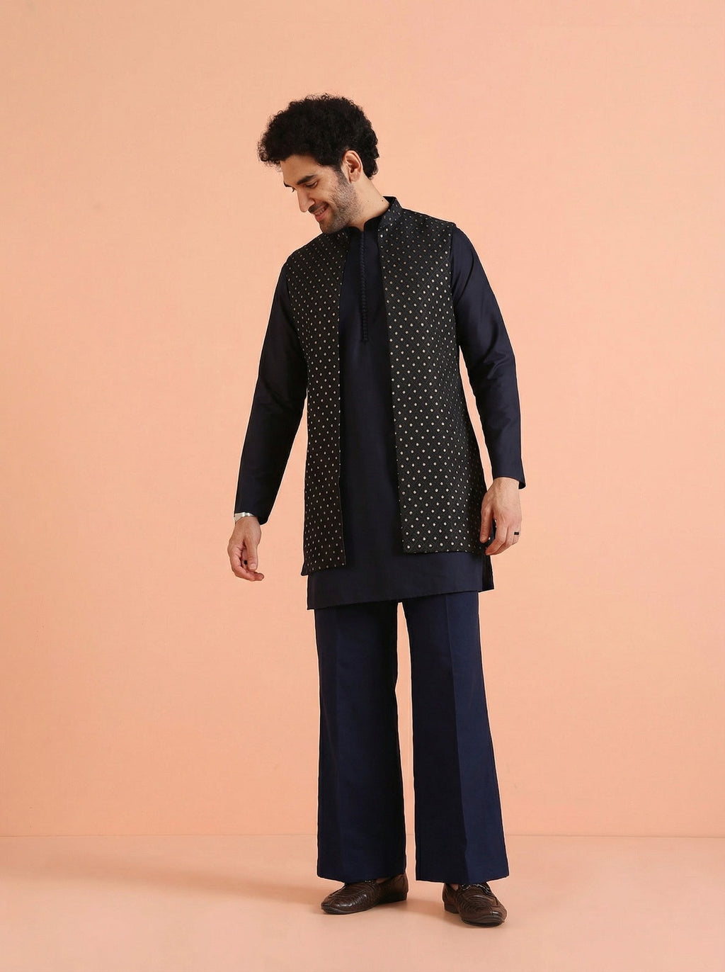 Navy Blue Silk Blend Jacquard Mid Kurta Front Open Jacket Wide Leg Trouser Set