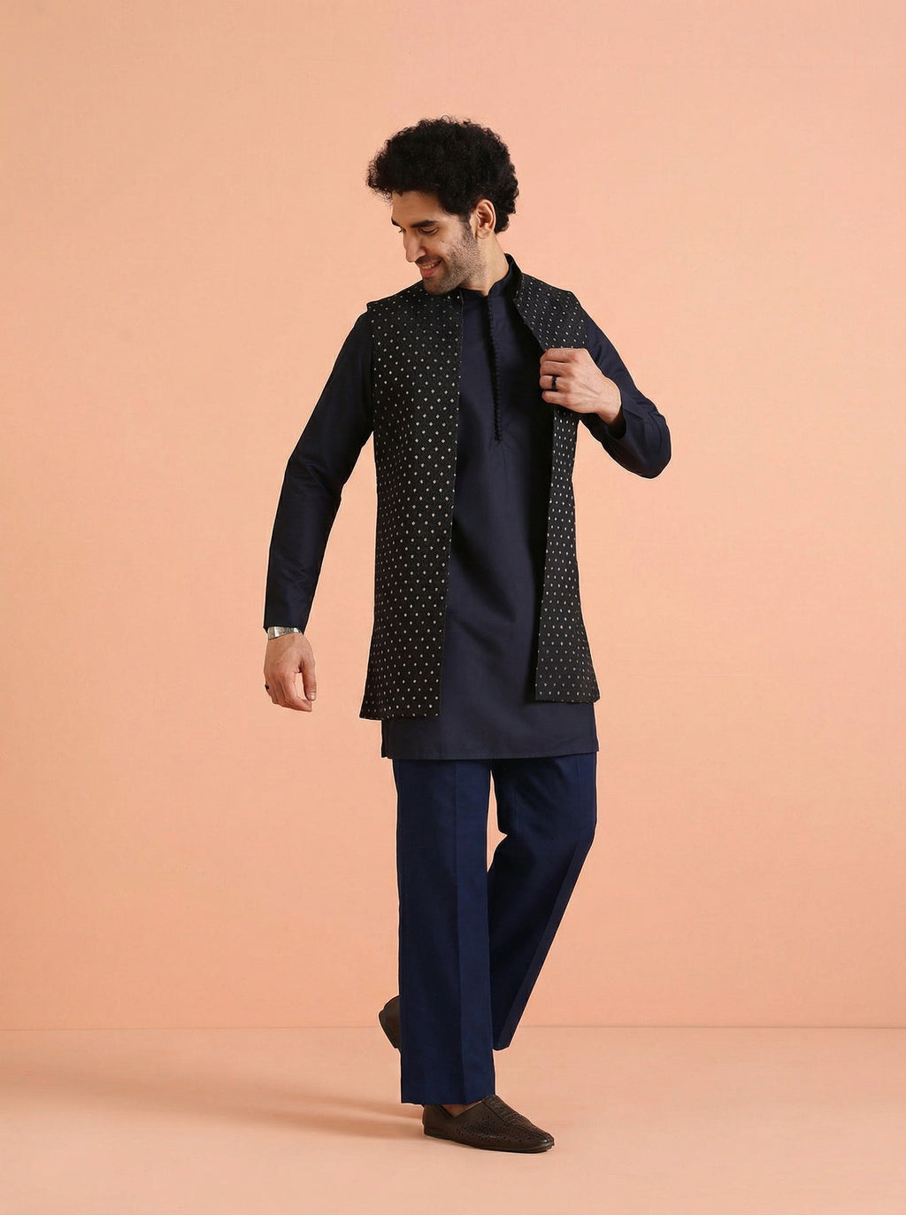Navy Blue Silk Blend Jacquard Mid Kurta Front Open Jacket Wide Leg Trouser Set
