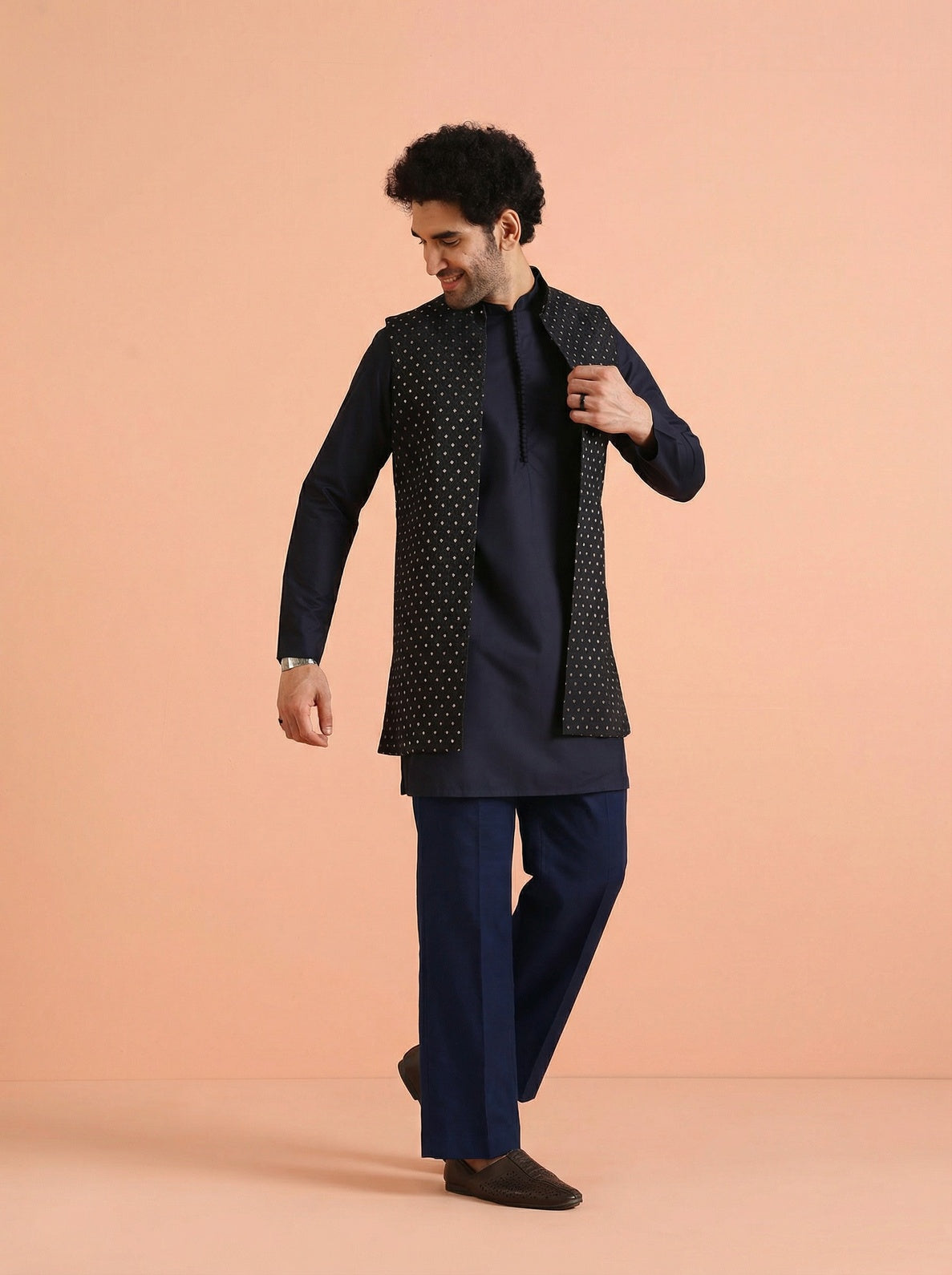 Navy Blue Silk Blend Jacquard Mid Kurta Front Open Jacket Wide Leg Trouser Set