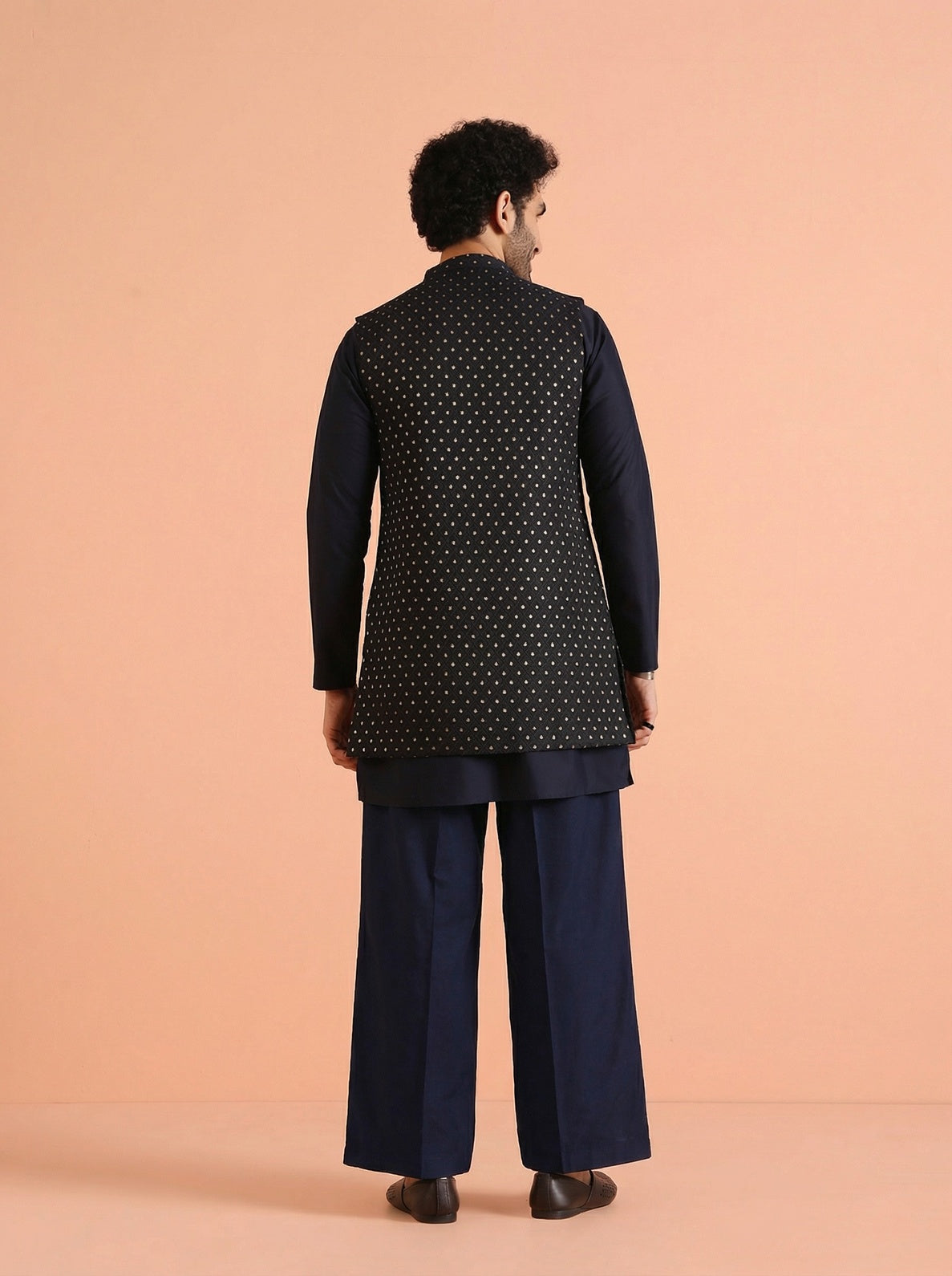 Navy Blue Silk Blend Jacquard Mid Kurta Front Open Jacket Wide Leg Trouser Set
