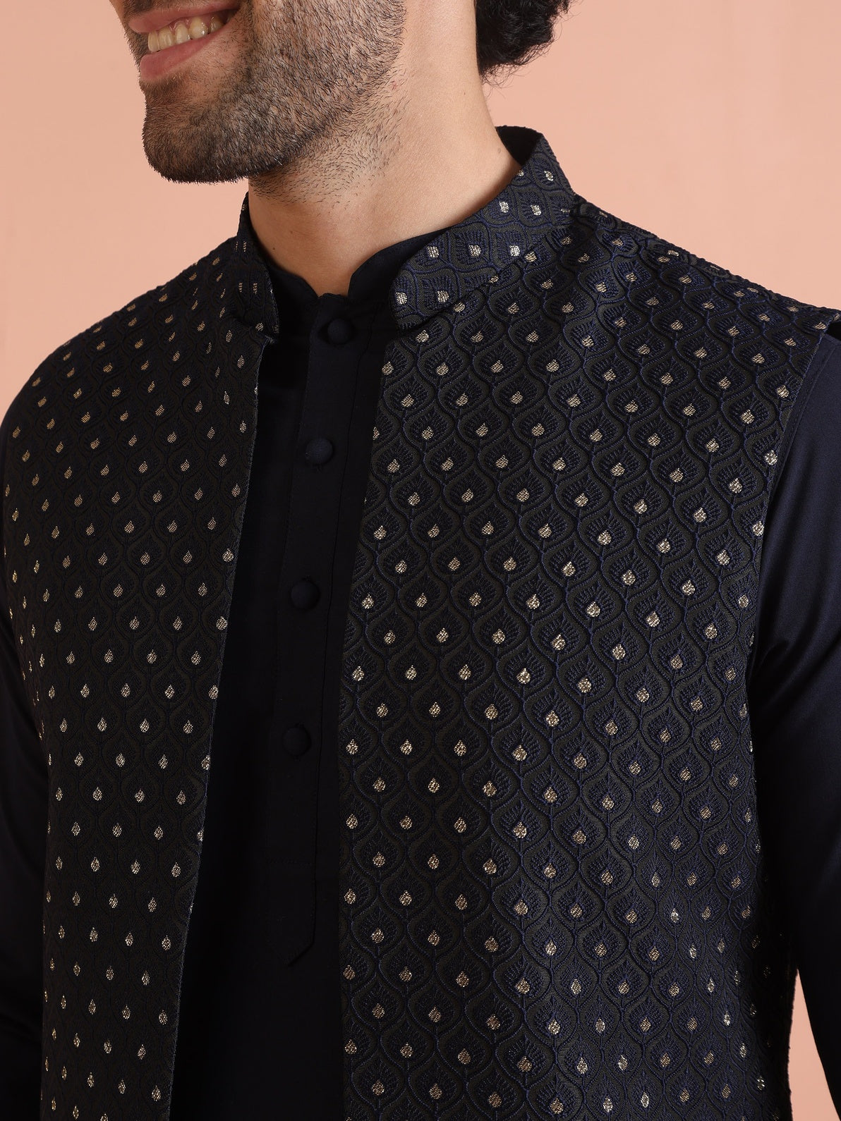 Navy Blue Silk Blend Jacquard Mid Kurta Front Open Jacket Wide Leg Trouser Set
