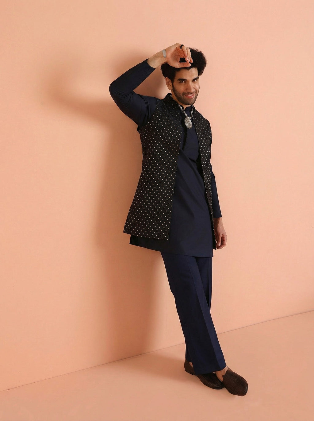 Navy Blue Silk Blend Jacquard Mid Kurta Front Open Jacket Wide Leg Trouser Set