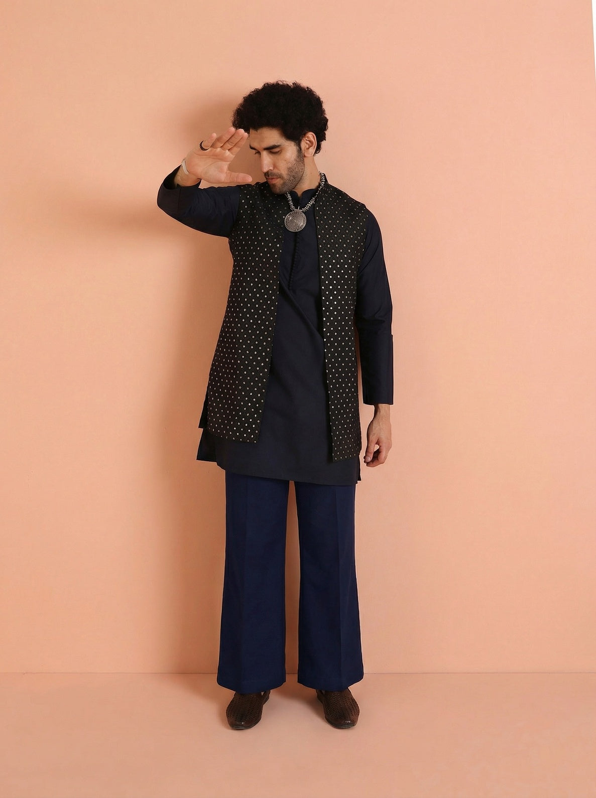 Navy Blue Silk Blend Jacquard Mid Kurta Front Open Jacket Wide Leg Trouser Set