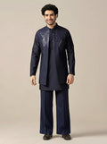 Navy Blue Cotton Blend Embellished Mid Kurta Front Open Jacket Wide Leg Trouser Set