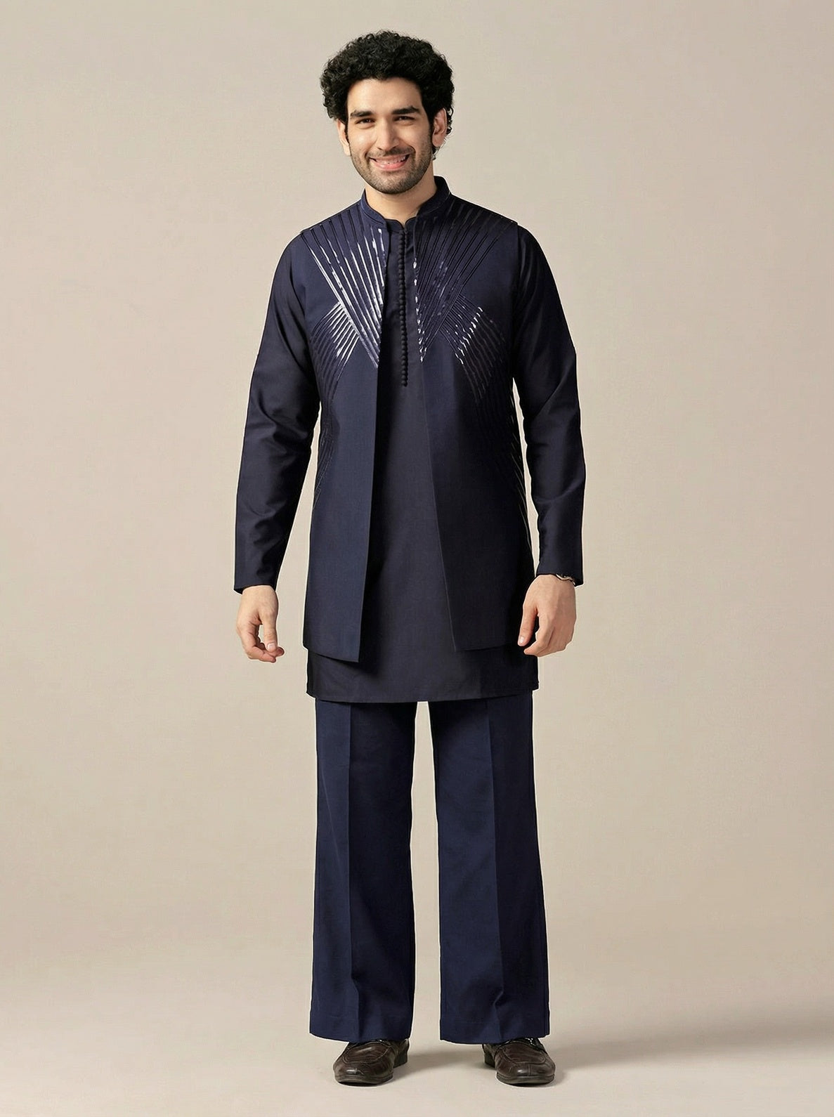 Navy Blue Cotton Blend Embellished Mid Kurta Front Open Jacket Wide Leg Trouser Set