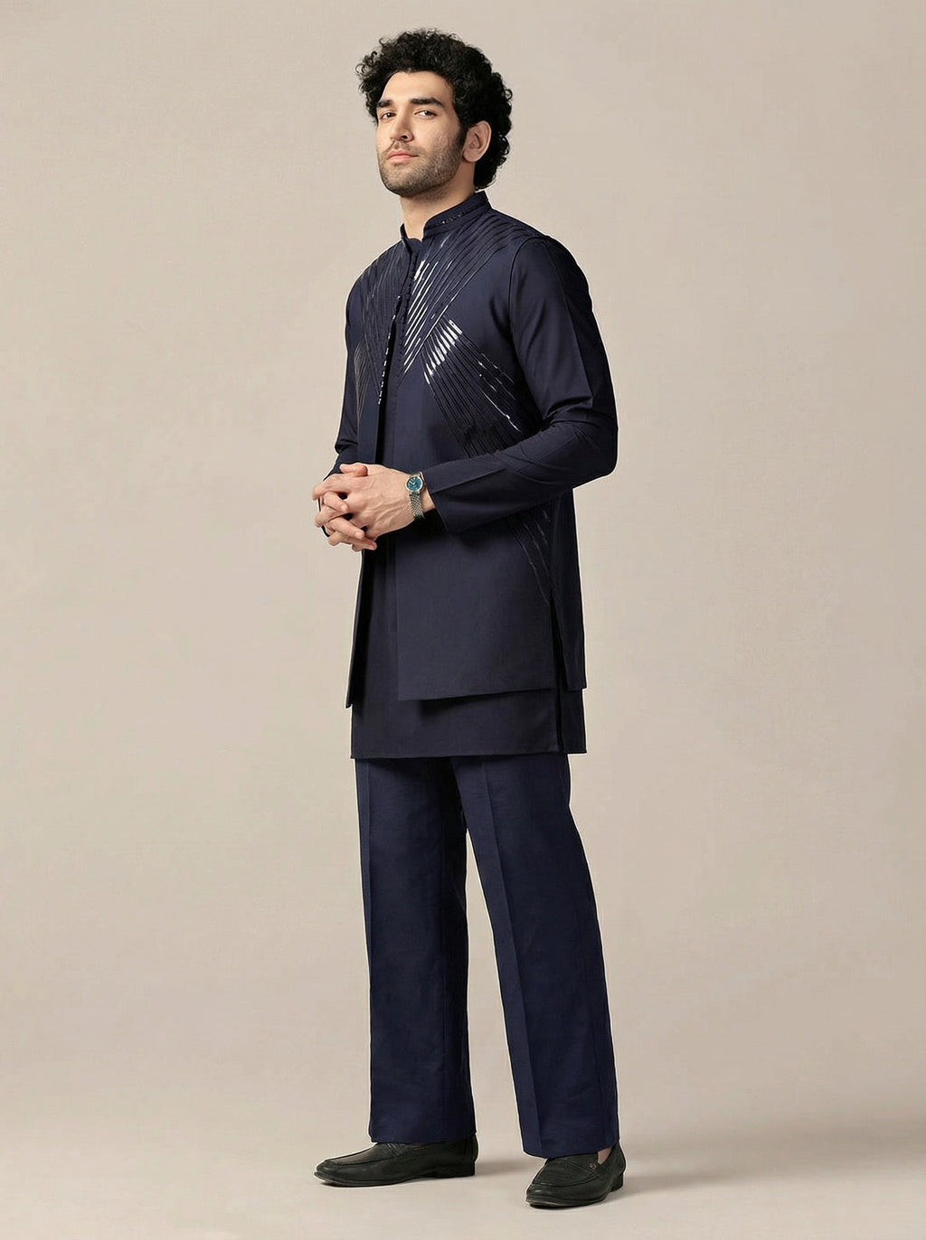 Navy Blue Cotton Blend Embellished Mid Kurta Front Open Jacket Wide Leg Trouser Set
