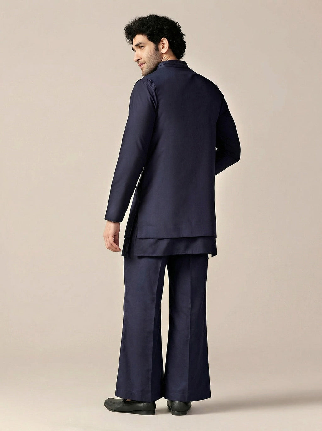 Navy Blue Cotton Blend Embellished Mid Kurta Front Open Jacket Wide Leg Trouser Set