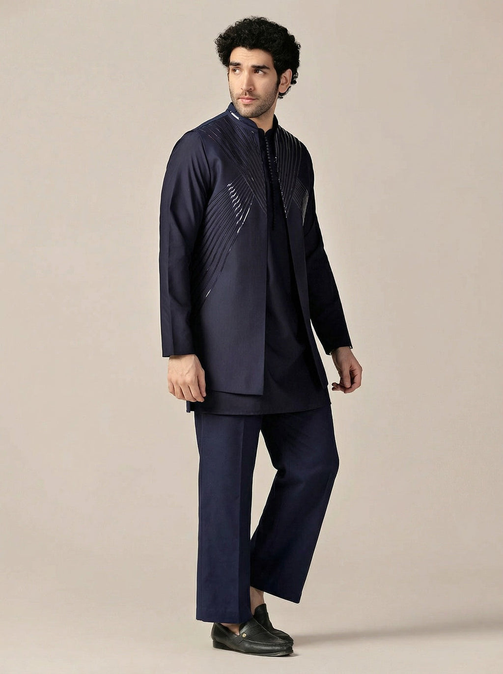 Navy Blue Cotton Blend Embellished Mid Kurta Front Open Jacket Wide Leg Trouser Set