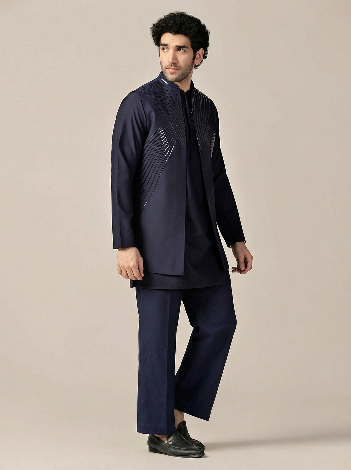 Navy Blue Cotton Blend Embellished Mid Kurta Front Open Jacket Wide Leg Trouser Set
