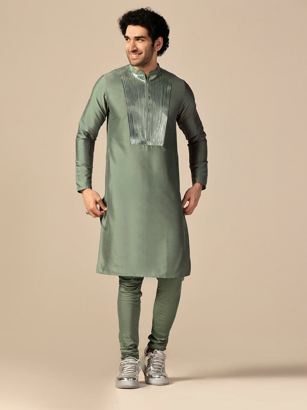 Green Cotton Blend Embellished Kurta Churidar Set