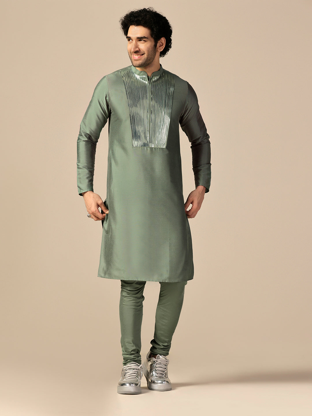 Green Cotton Blend Embellished Kurta Churidar Set