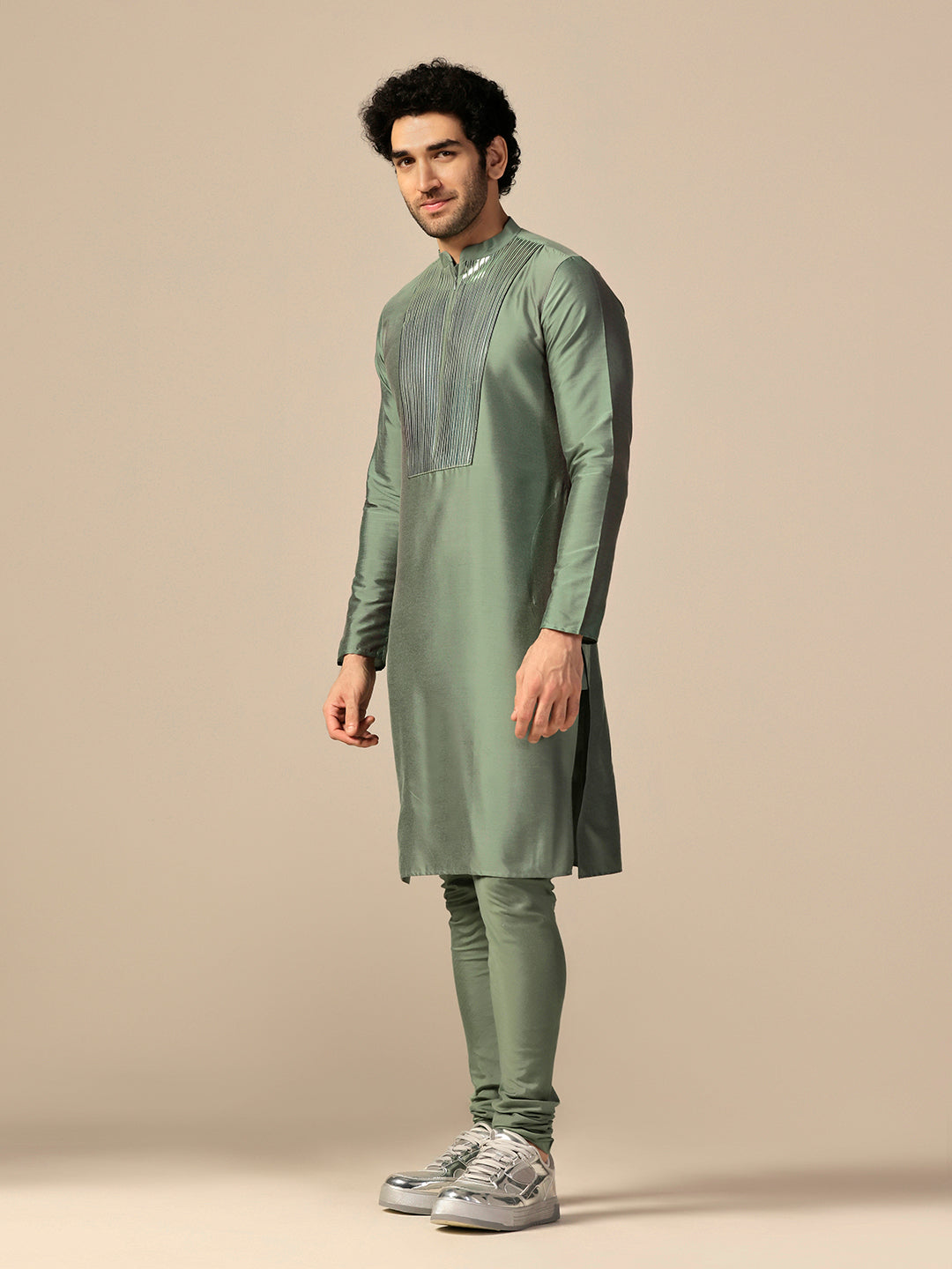 Green Cotton Blend Embellished Kurta Churidar Set