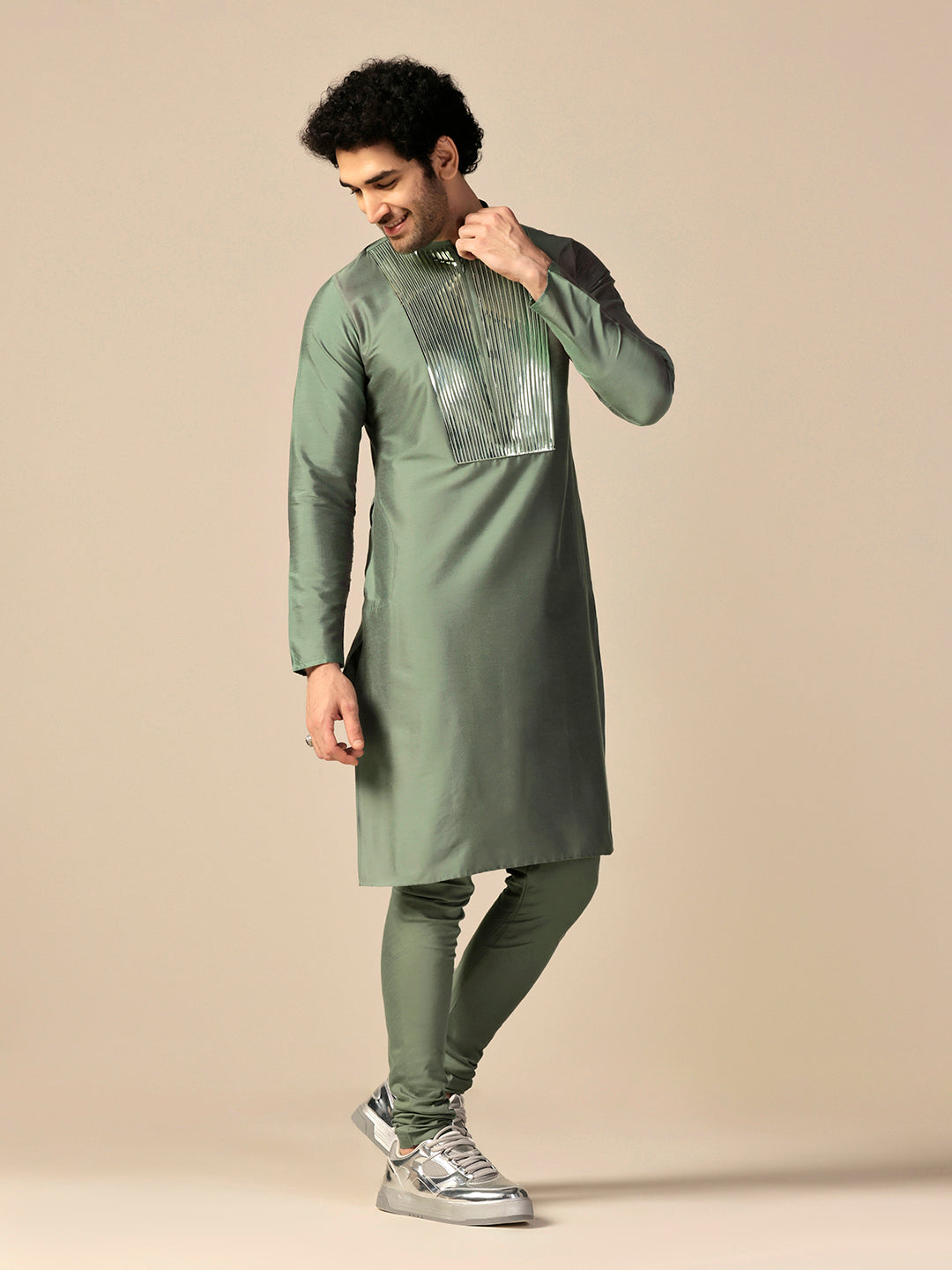 Green Cotton Blend Embellished Kurta Churidar Set