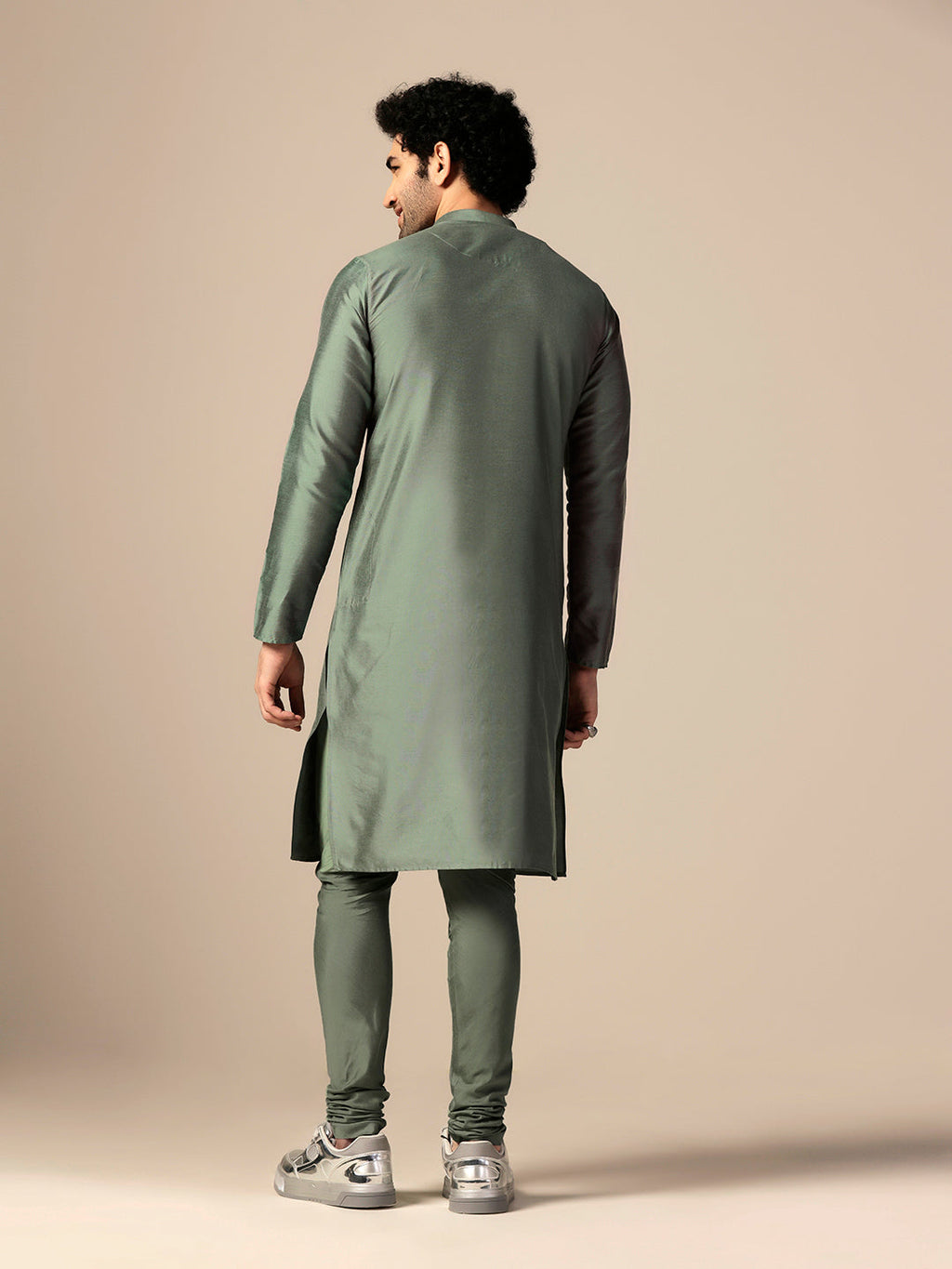 Green Cotton Blend Embellished Kurta Churidar Set
