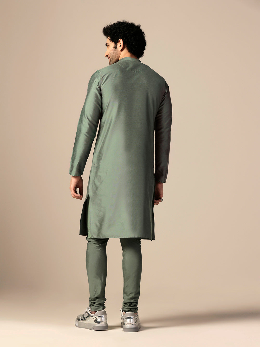 Green Cotton Blend Embellished Kurta Churidar Set