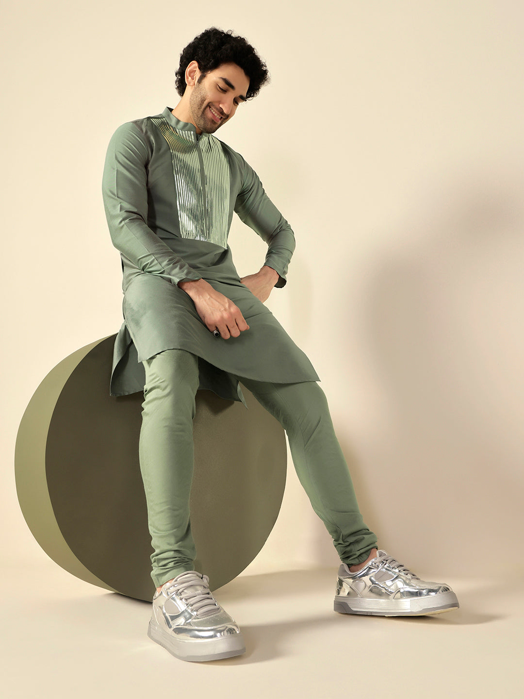 Green Cotton Blend Embellished Kurta Churidar Set