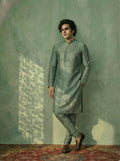 Green Cotton Blend Embellished Kurta Churidar Set