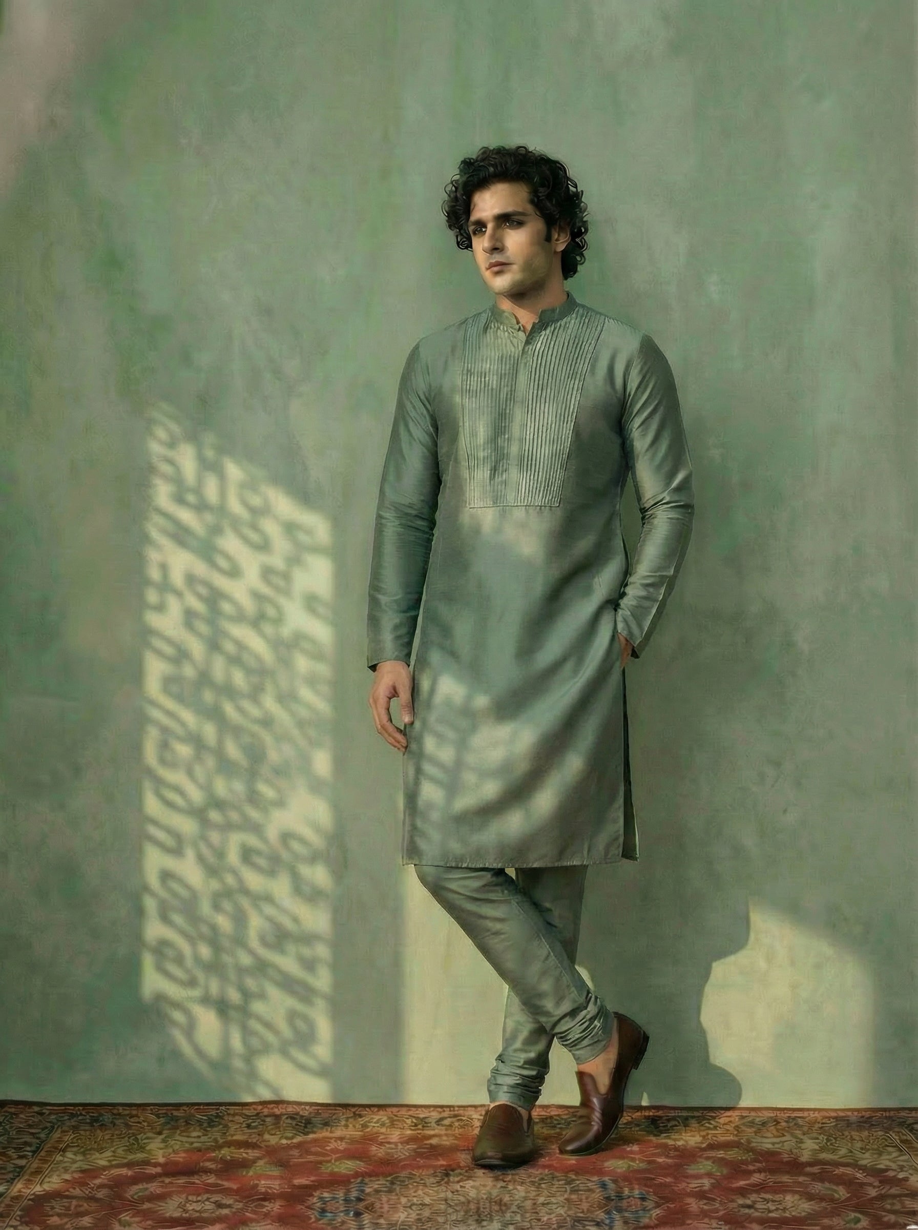 Green Cotton Blend Embellished Kurta Churidar Set