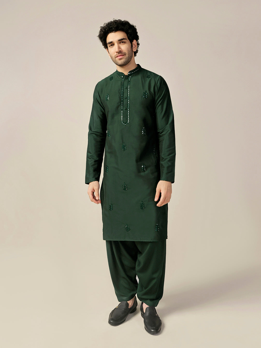 Bottle Green Cotton Blend Embroidered Kurta Patiyala Set