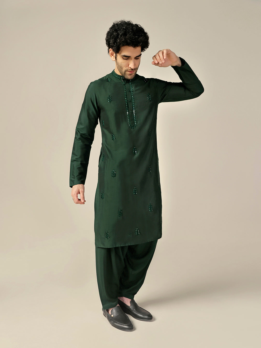 Bottle Green Cotton Blend Embroidered Kurta Patiyala Set