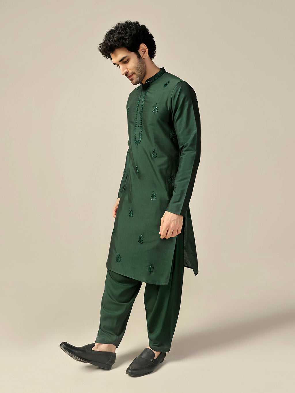 Bottle Green Cotton Blend Embroidered Kurta Patiyala Set