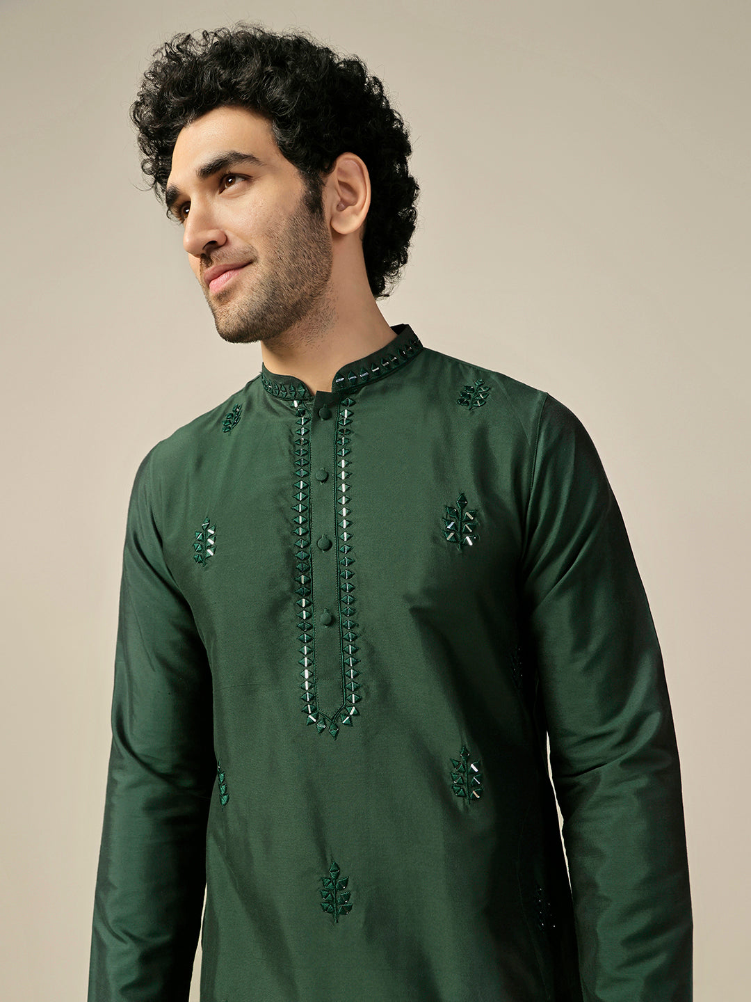 Bottle Green Cotton Blend Embroidered Kurta Patiyala Set