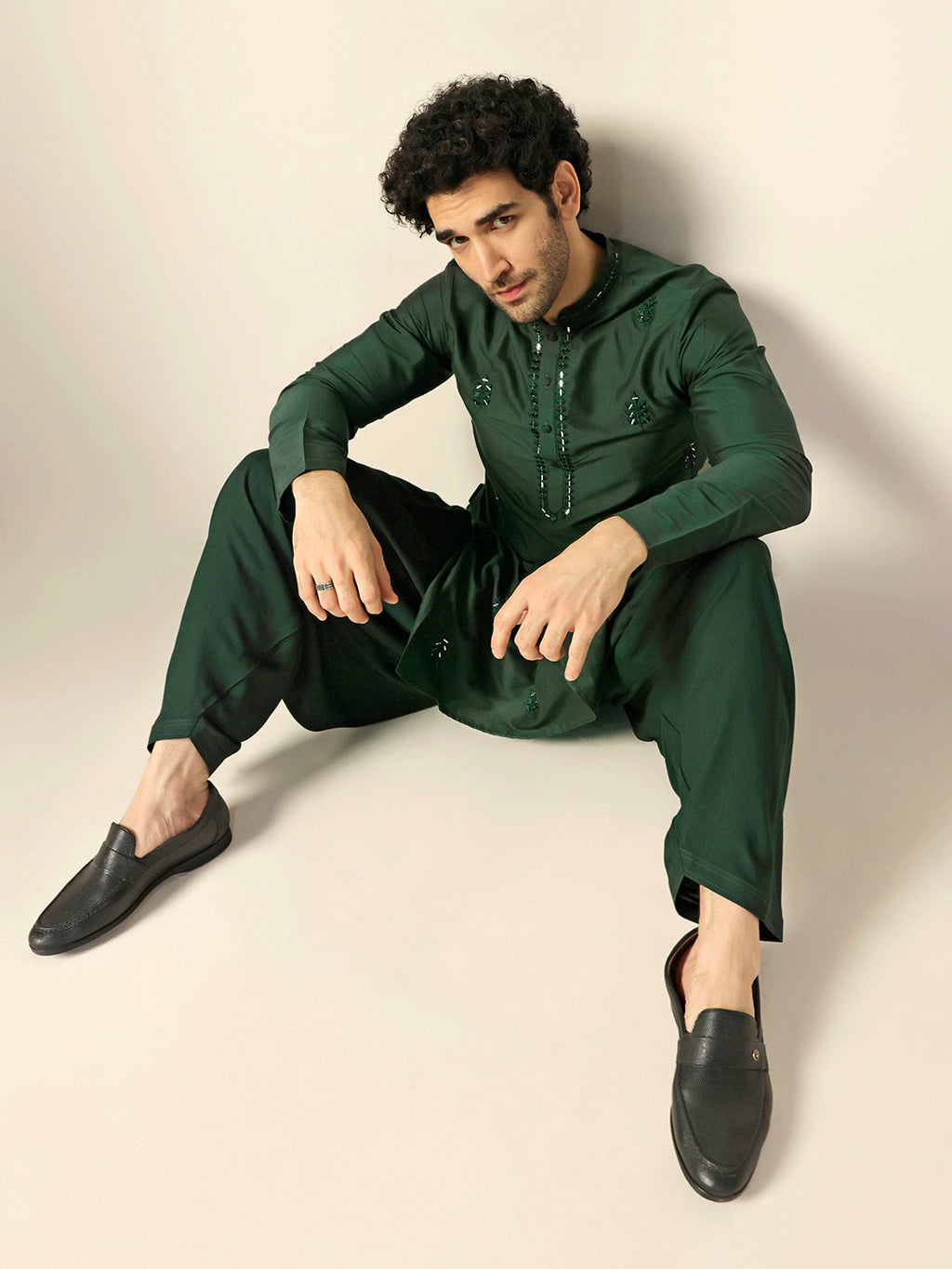 Bottle Green Cotton Blend Embroidered Kurta Patiyala Set