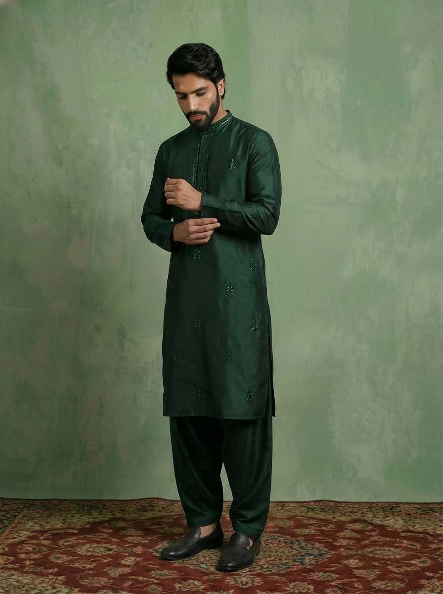 Bottle Green Cotton Blend Embroidered Kurta Patiyala Set