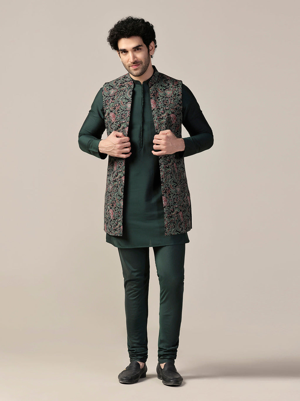 Green Cotton Printed Mid Kurta Front Open Jacket Churidar Set