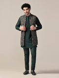 Green Cotton Printed Mid Kurta Front Open Jacket Churidar Set