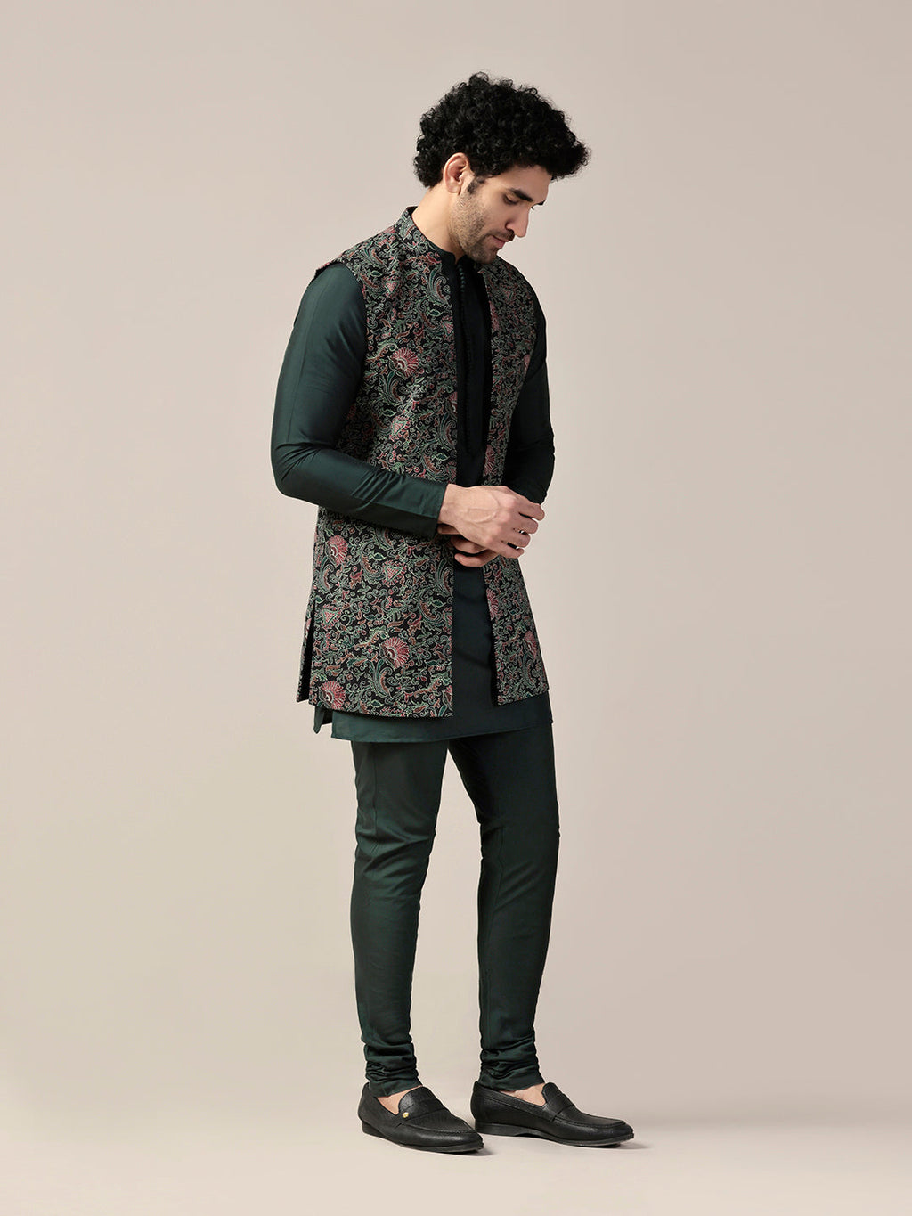 Green Cotton Printed Mid Kurta Front Open Jacket Churidar Set