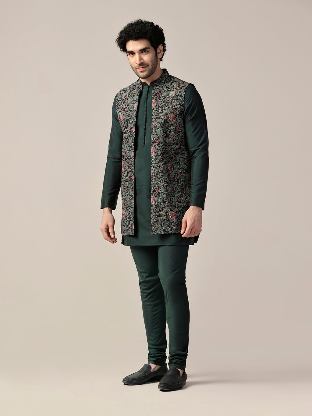 Green Cotton Printed Mid Kurta Front Open Jacket Churidar Set