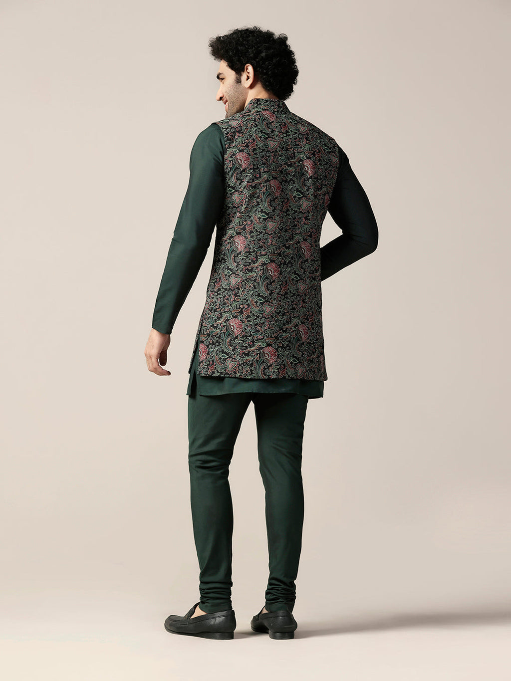 Green Cotton Printed Mid Kurta Front Open Jacket Churidar Set