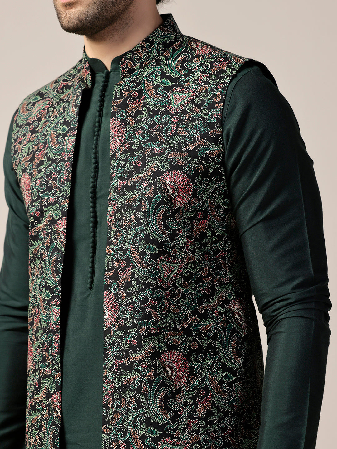 Green Cotton Printed Mid Kurta Front Open Jacket Churidar Set