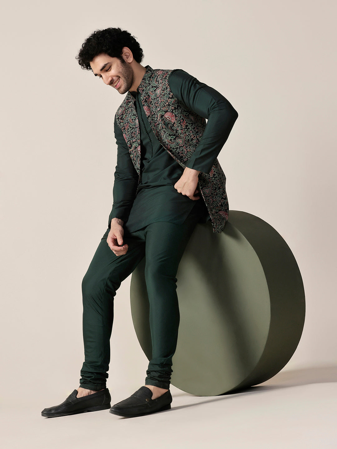 Green Cotton Printed Mid Kurta Front Open Jacket Churidar Set