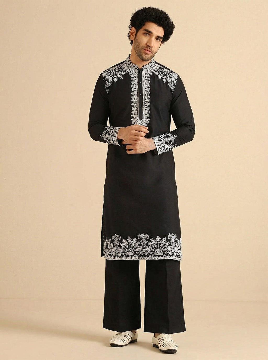 Black Cotton Blend Embroidered Kurta Wide Leg Trouser Set
