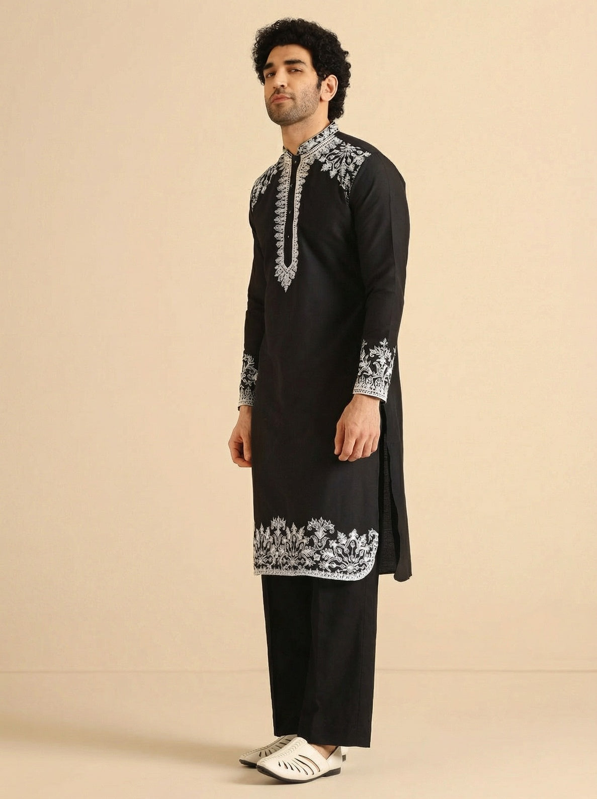 Black Cotton Blend Embroidered Kurta Wide Leg Trouser Set