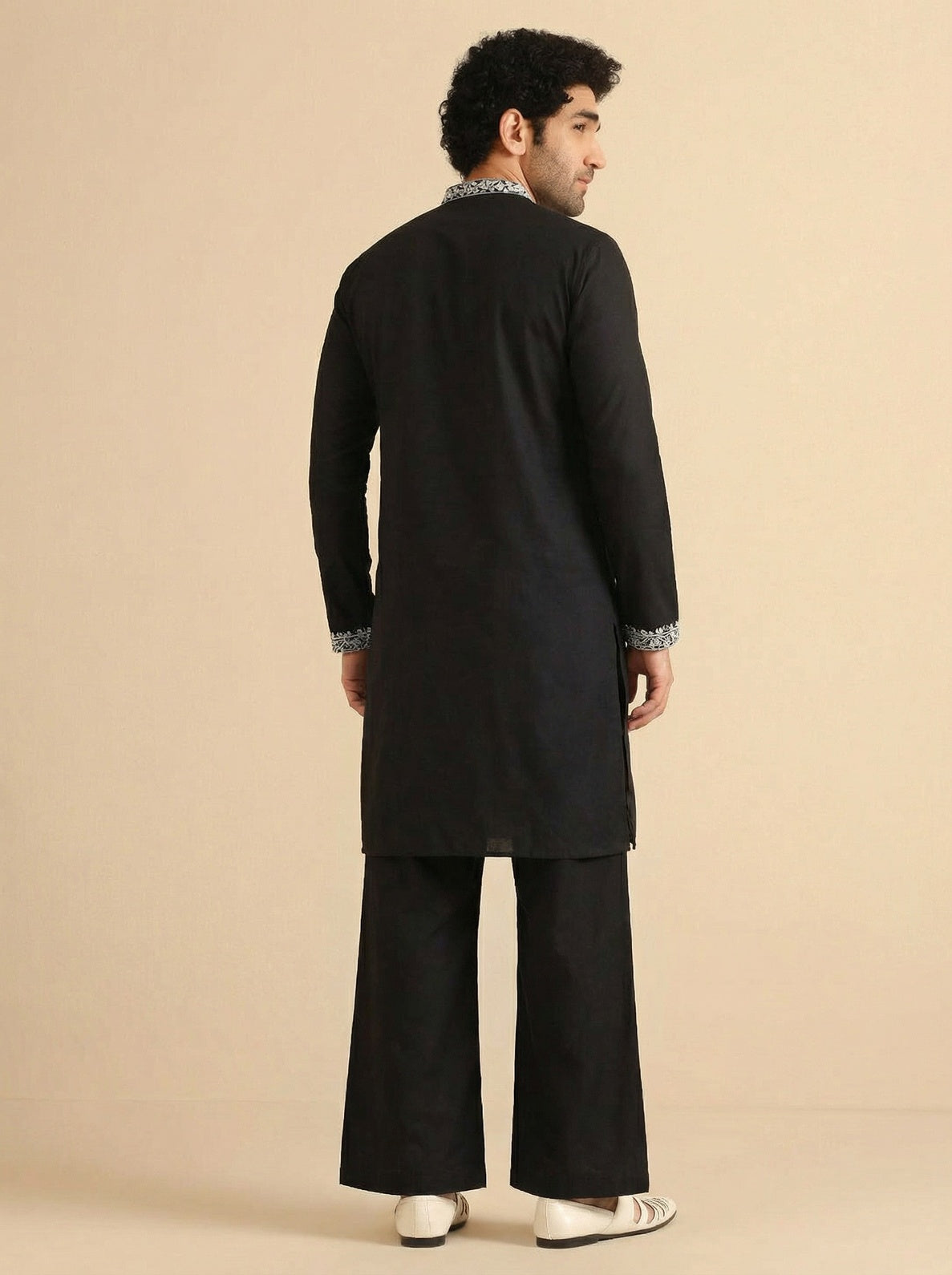 Black Cotton Blend Embroidered Kurta Wide Leg Trouser Set