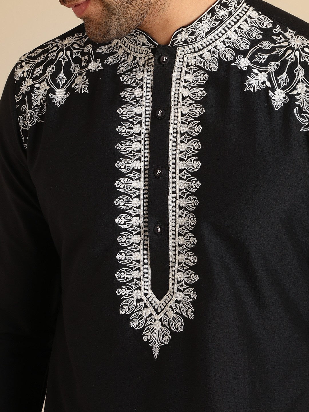 Black Cotton Blend Embroidered Kurta Wide Leg Trouser Set