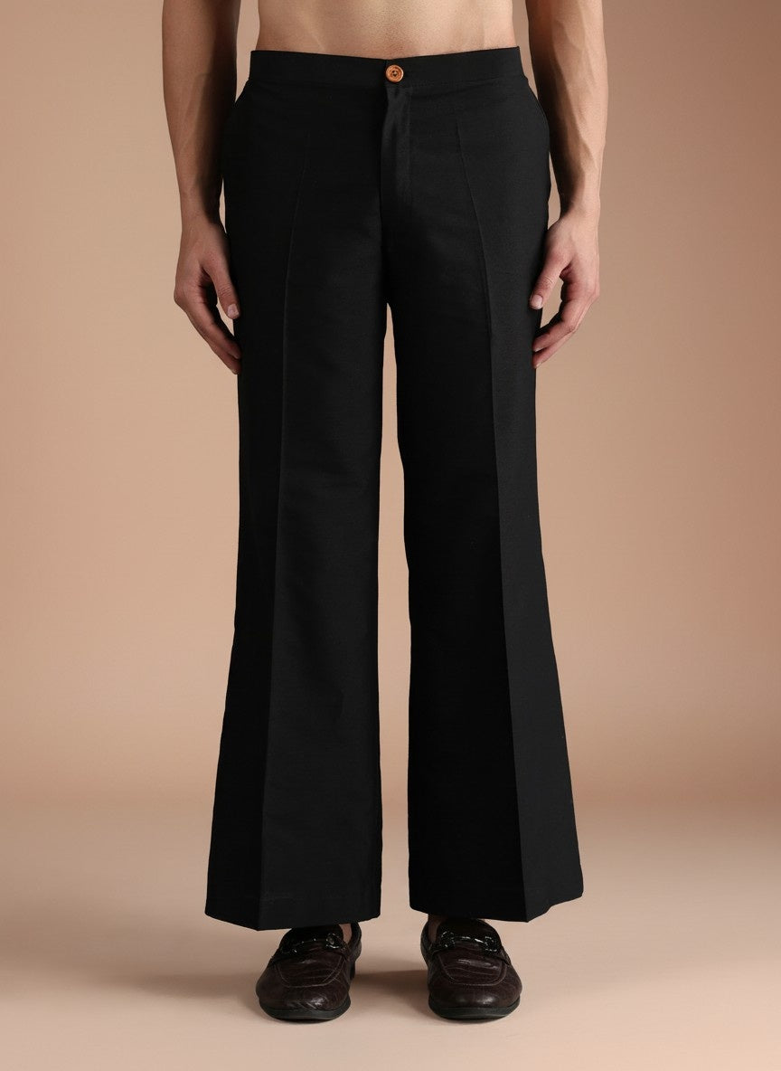 Black Cotton Blend Embroidered Kurta Wide Leg Trouser Set