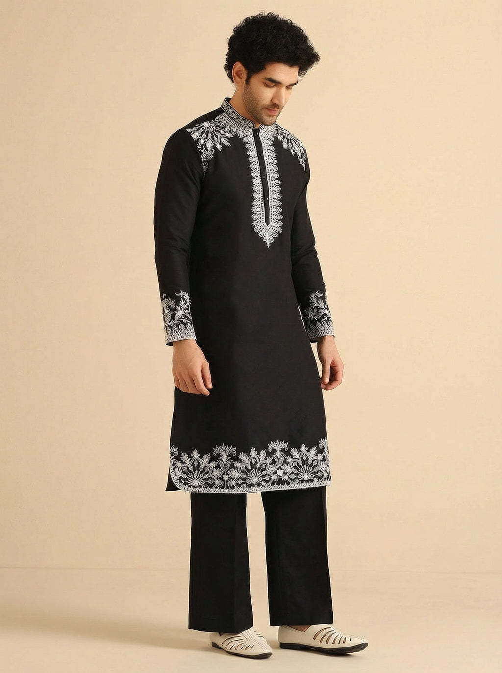 Black Cotton Blend Embroidered Kurta Wide Leg Trouser Set