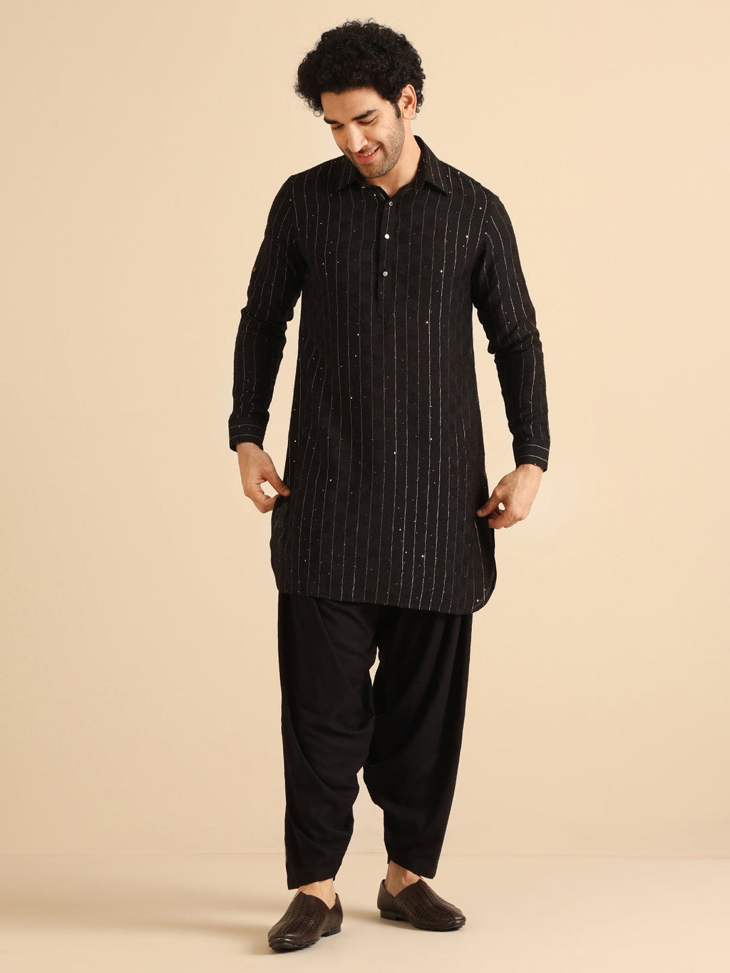 Black Silk Blend Self Design Pathani Kurta Patiyala Set