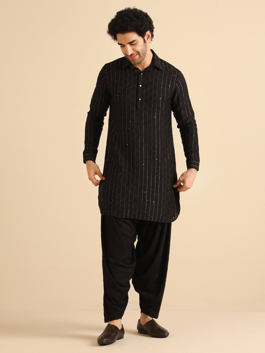 Black Silk Blend Self Design Pathani Kurta Patiyala Set