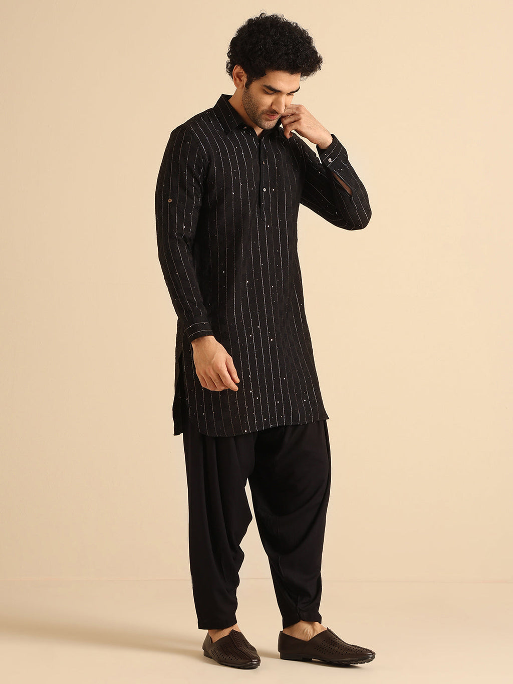 Black Silk Blend Self Design Pathani Kurta Patiyala Set