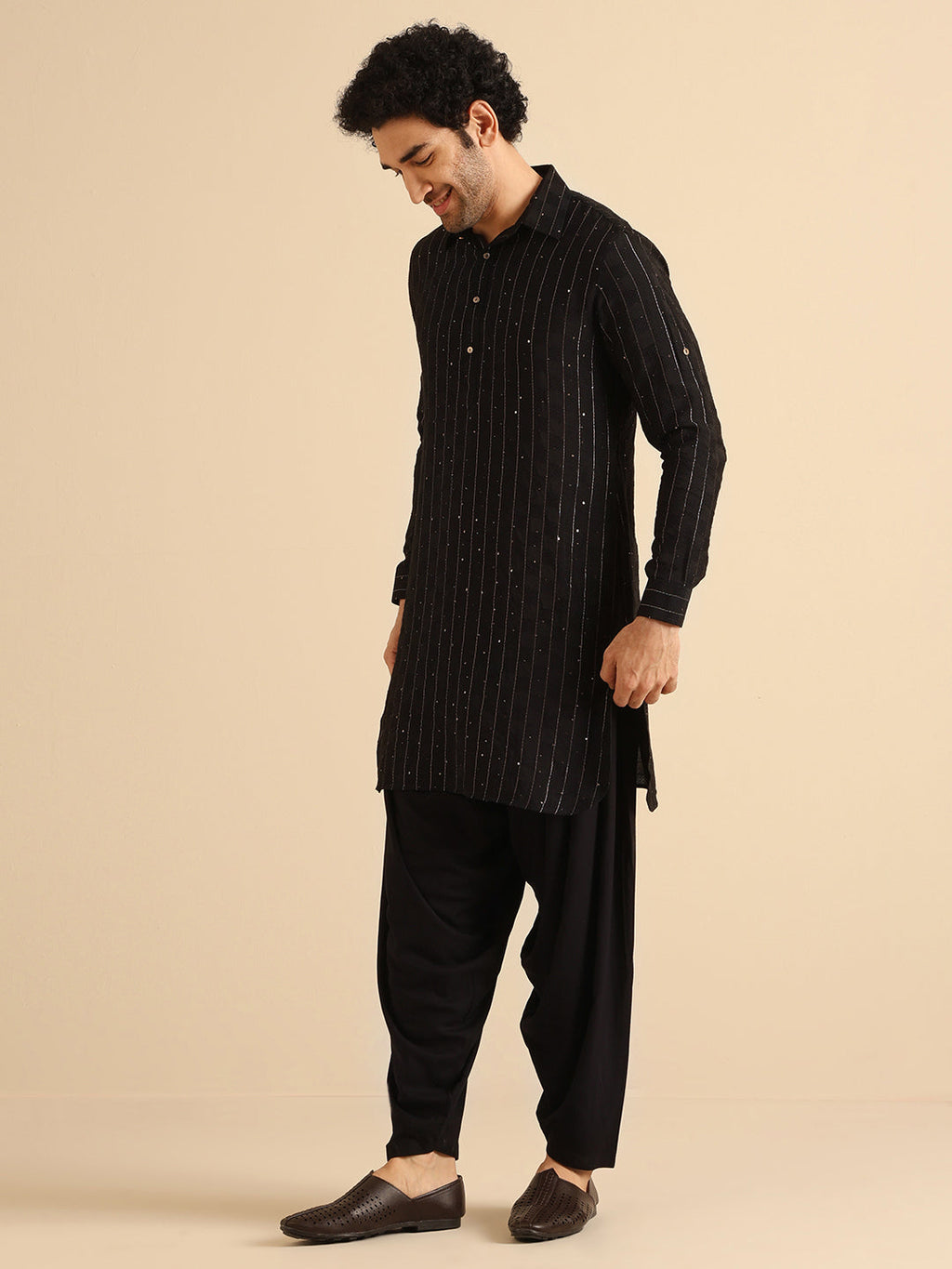 Black Silk Blend Self Design Pathani Kurta Patiyala Set
