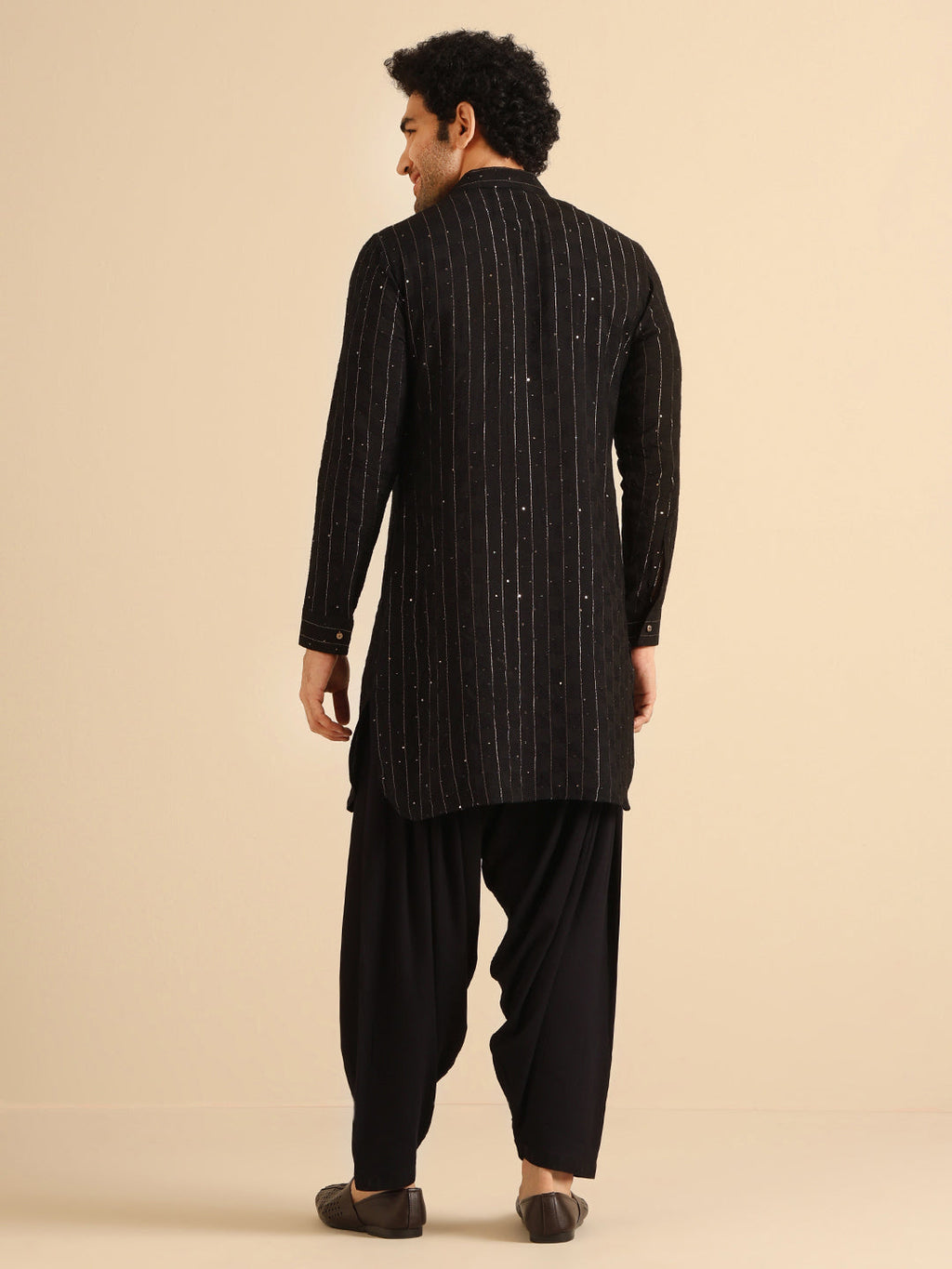 Black Silk Blend Self Design Pathani Kurta Patiyala Set