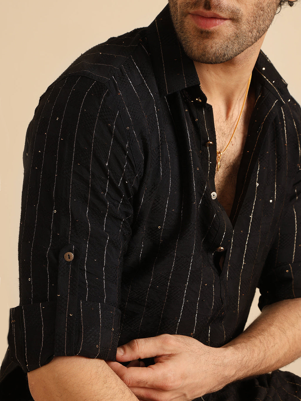 Black Silk Blend Self Design Pathani Kurta Patiyala Set
