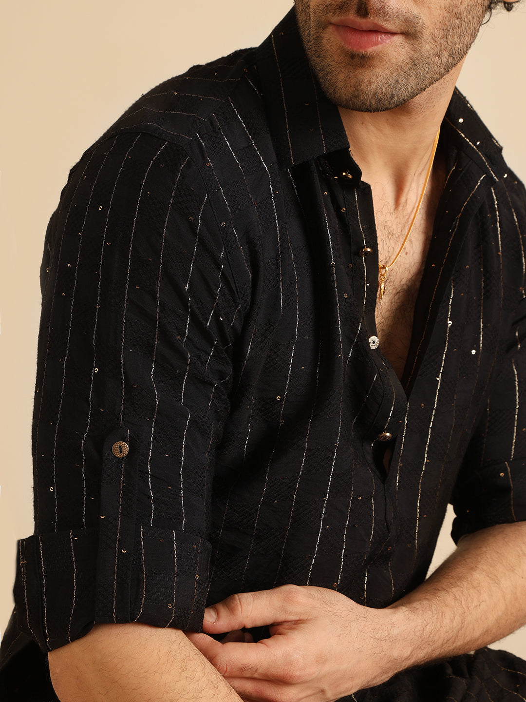 Black Silk Blend Self Design Pathani Kurta Patiyala Set