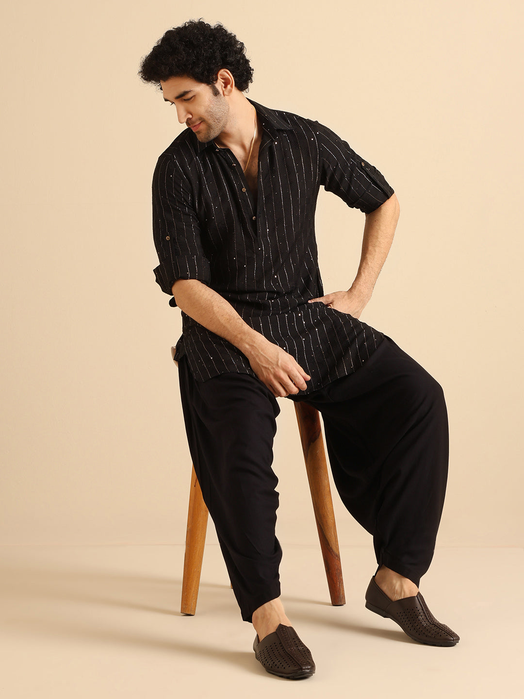Black Silk Blend Self Design Pathani Kurta Patiyala Set