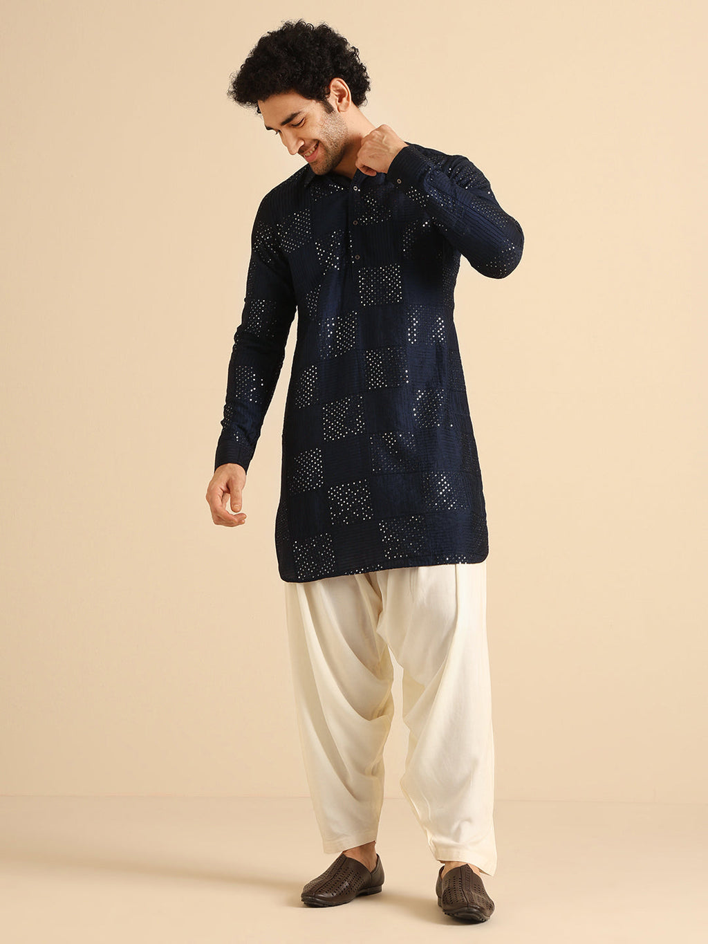 Blue Silk Blend Textured Embroidered Pathani Kurta Patiyala Set